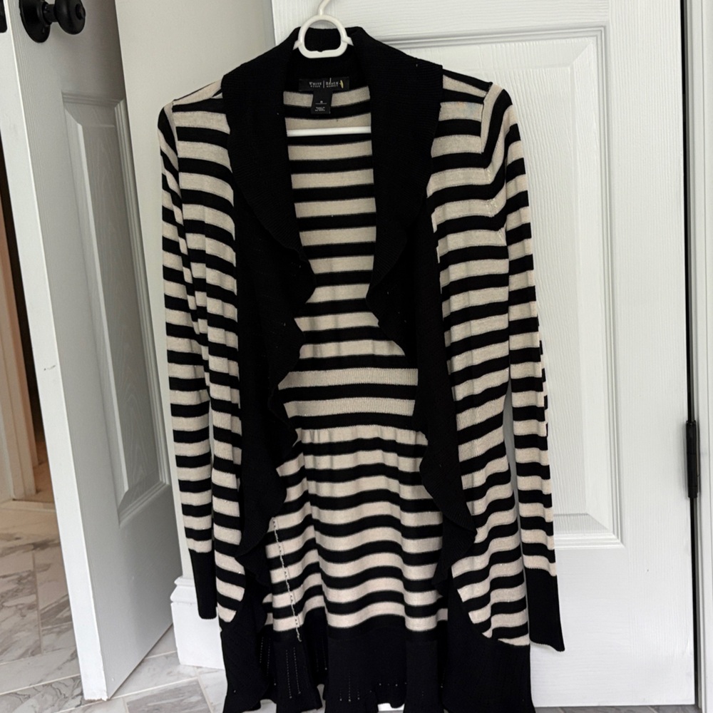 White House Black Market Black and Cream Striped Open Cardigan